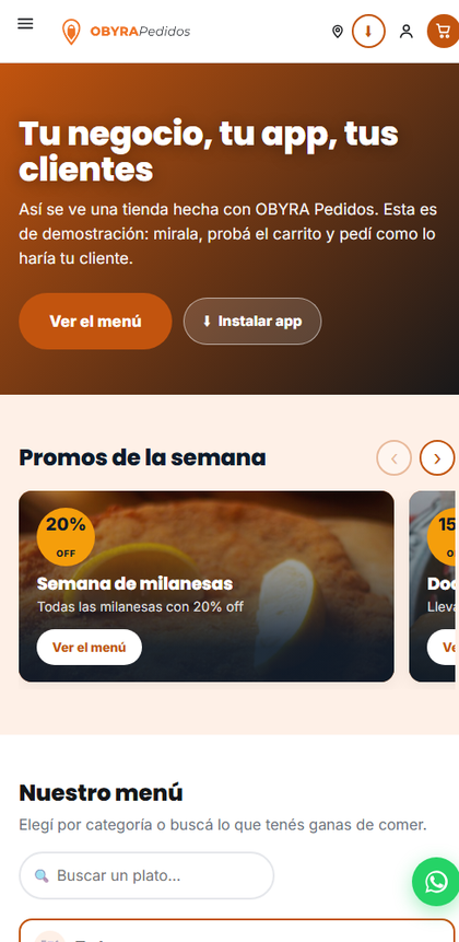 La tienda demo en un celular: la portada, las promos de la semana y el buscador del menú