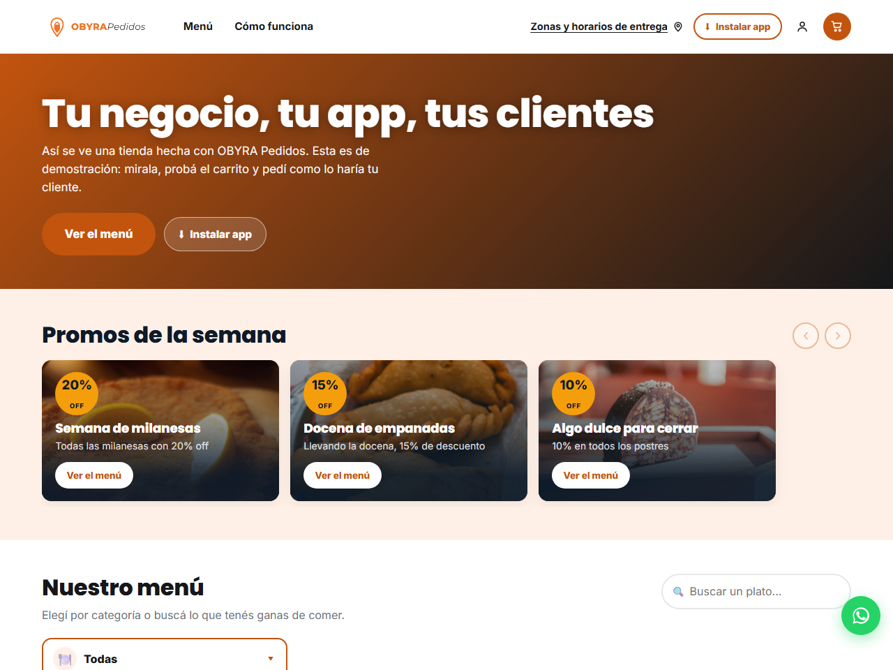 La tienda demo de OBYRA Pedidos: portada con el nombre del local, promos de la semana con descuentos y el menú por categorías