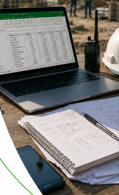 Notebook con una planilla de cálculo, handy, casco y planos en papel sobre una mesa en obra